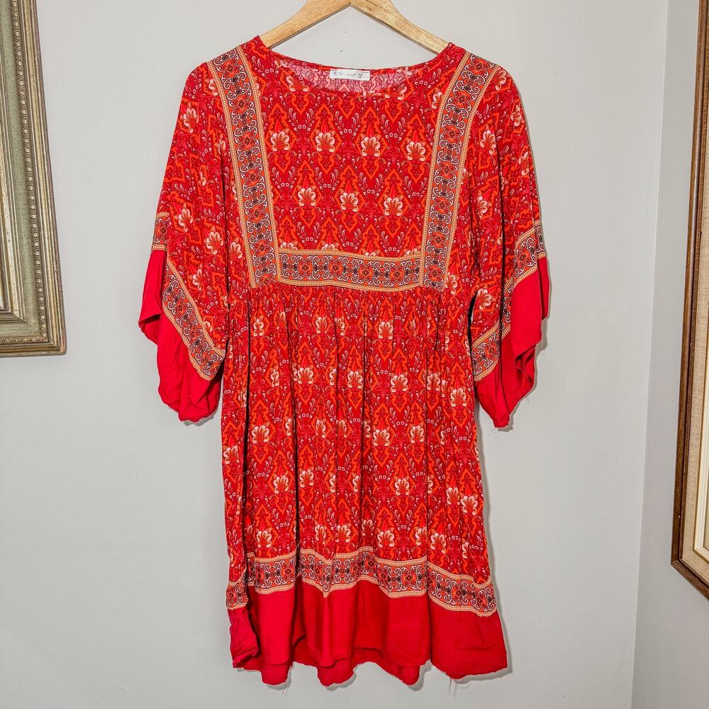 R.Vivimos Red Paisley Floral Cotton Blend Kimono Sleeve Mini Dress Small